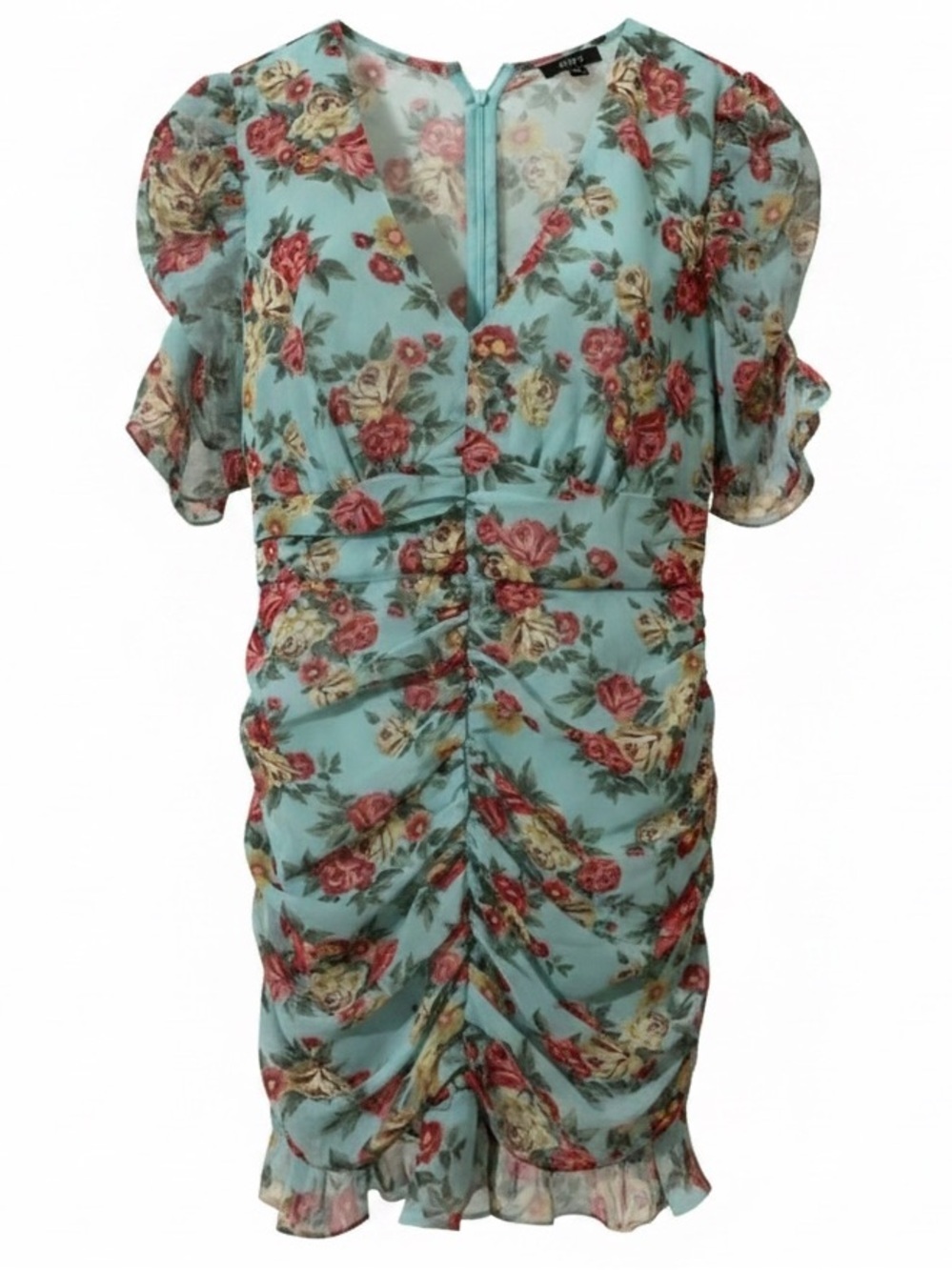 Privy Floral Ruched Mini Dress in Light Blue - Size M